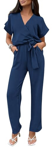 PRETTYGARDEN Women's One Piece Jumpsuits Dressy Casual Summer Short Sleeve Wrap V Neck Belted Wide Leg Pants Romper (Navy,XX-Large)