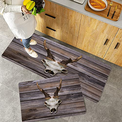 Küchenteppich Teppich Läufer Küchenläufer 2 Stück rutschfest,Geweih Set, rustikales Geweih auf Holzwand Winter Berghütte Landhausstil Rustikal ation, M, Waschbar für Flur Küche 40 x 100 cm+40 x 60 cm