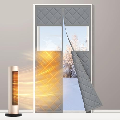 fowong Magnet Wärmeschutzvorhang für Türen 170x240 cm, Thermo Türvorhang langlebiges Oxford-Tuch und Polyesterfaserfüllung, Wetterfest, Winddicht, Schallisoliert, mit klaren Fenstern, Grau