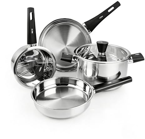 Meythway Stainless Steel Pots and Pans Set Non Toxic, 6PCs Kitchen Cookware Sets with Stay-Cool Handles, Dishwasher Safe&Compatible with All Stovetops(Gas,Electric&Induction)