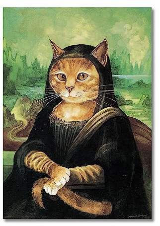 Moderne, abstrakte, kreative Katze als berühmte Gemälde, Wandkunst, lustiges Mona Lisa-Leinwand-Poster und Druckbilder for die Wohnzimmerdekoration (Color : A, Size : 50x75cm No Frame)