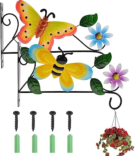 MOROBOR Wandaufhängung Pflanzenhalterung, 2 Eisenhaken, schwarz, Wandhalterung, Laternen, Racks zum Aufhängen von Vogelfutterspendern, Laternen, Windspielen, Blumentopf/Schmetterling und Biene
