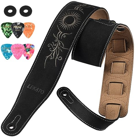 LEKATO Tracolla per basso in pelle scamosciata, larghezza 6,1 cm, imbottita con cuscino in schiuma, da 89 cm a 129,5 cm, compatibile con chitarre acustiche, bassi ed elettriche, nero