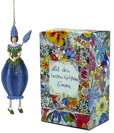 Fiebiger Floristik Figurine de fille en jacinthe de raisin bleue à suspendre - Figurine elfe décorative - Figurine de fée - Sculpture pour enfant dans une boîte cadeau