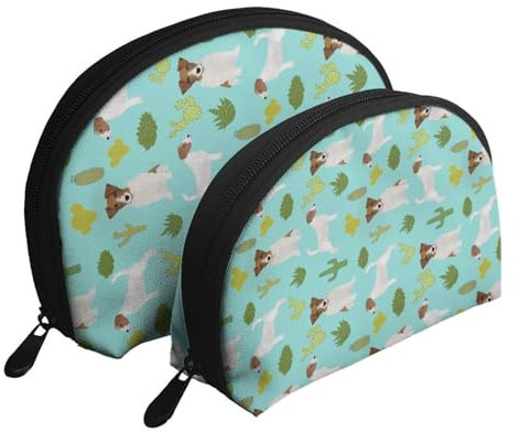 Bolsa de maquillaje, bolsa de cosméticos de viaje, 2 piezas, bolsa de embrague portátil, organizador de bolsa, Jack Russell Terrier, cactus, menta, lindo perro Jack Russell