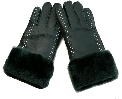 Woolous Lammfell Schaffell Handschuhe Damen, Wolle-Futter Winterhandschuhe Thermohandschuhe, Superwarme und Atmungsaktive Fleece Gloves für Winter, Laufen, Alltag (Grün)