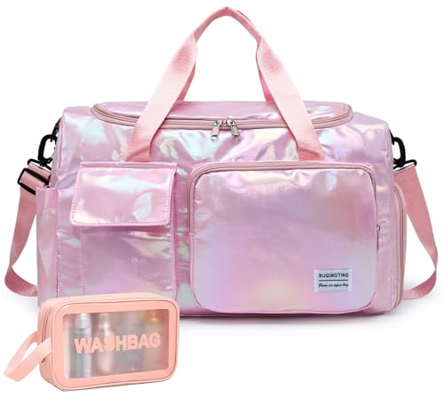 Liten gymväska för kvinnor, resväska duffelväska handbagage på weekendväska med skofack, Z6#Rosa Shinny, 11*19.6*8.2 inches, Gymväska & toalettartiklar väska