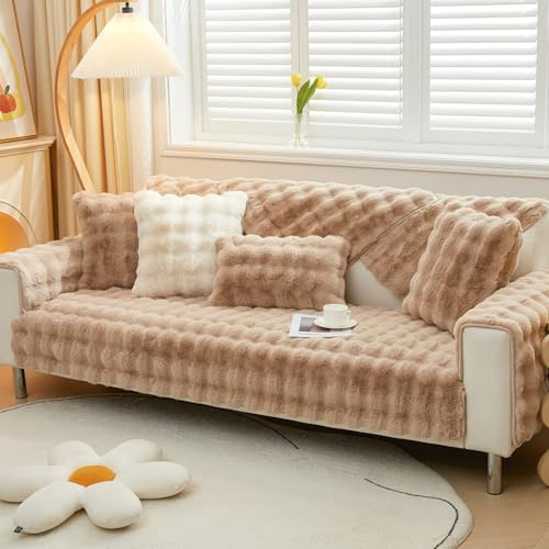 Royhom Plüsch Sofa Überzug L Form 1/2/3/4 Sitzer Couch Überzug Ecksofa, Sofaschoner rutschfest, Superweiche SofaÜberwurf aus Kunstpelz für Sofa, Teppich, Fensterbank Kissen(Hellkhaki 90x180cm)