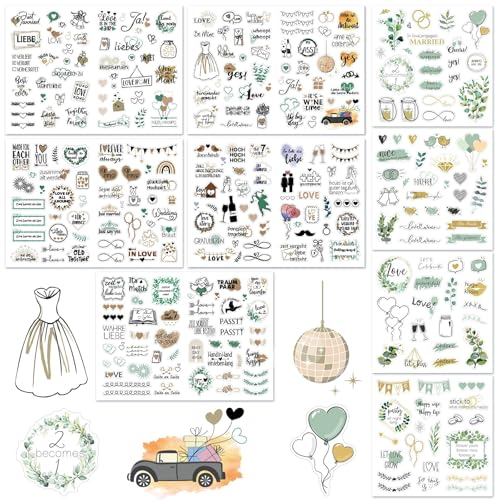 GROFIS Sticker Hochzeit Gästebuch (293 Motive), Vintage Aufkleber Hochzeit Sticker mit Viel Liebe, Love Stickers für Gästebuch Fotoalbum oder Scrapbook Wedding Deko