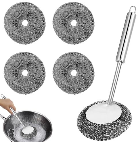 FHBHJNATC Set di 5 manici in spugna in acciaio, pulitore in acciaio inox, spugna in lana d'acciaio, viene utilizzato per pulire utensili da cucina come fornelli da cucina, pentole, ciotole, pentole