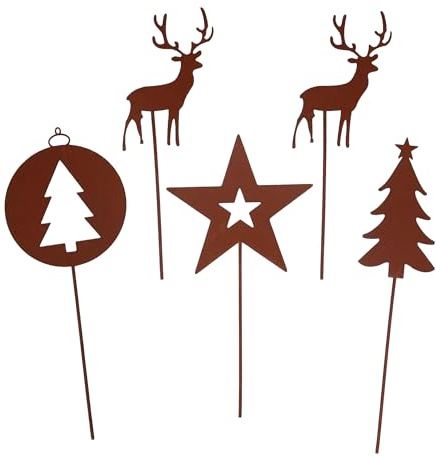UNUS Weihnachtliche Gartenstecker Set 5-teilig Rost Design Metall | Weihnachtsdeko für Außenbereich, Hirsch, Tannenbaum und Stern, Wetterfeste Outdoor Weihnachtsdeko