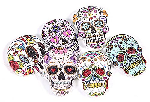 Akozon Naturholz-Totenkopf-Knopf, Handgefertigt, DIY-Farbmalerei, 2-Loch-Holzknöpfe, Kleidung, Nähzubehör, Scrapbook-Dekorationen, 50 Stück, Gemischte Zufällige Farben
