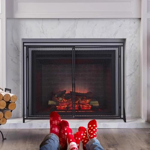 Salvachispas Chimenea Mamparas Decorativas para Chimenea con 2 Puertas, Malla Grande de Un Solo Panel a Prueba de Bebés para Casas de Campo, Mampara Protectora Contra Chispas de Hierro Forjado