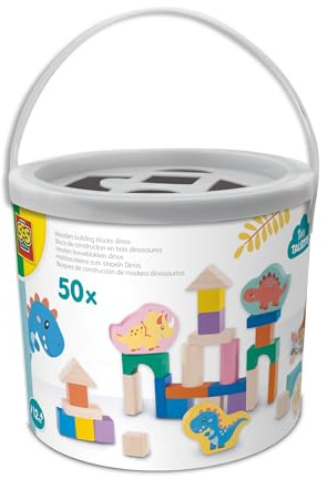 SES Creative 13204 Blocs en Bois - Dino - 50 Pièces dans Un Seau - Jeu Créatif pour Enfants dès 12 Mois - Construisez des Tours et Formes - Idéal pour Jouer et Apprendre