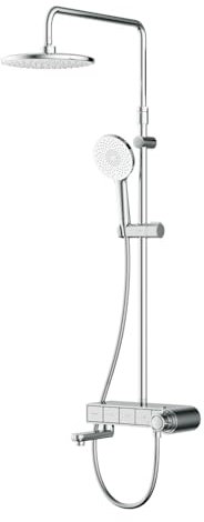 AM.PM X-Joy S - Duschsystem mit Thermostat und Glasablage, Regendusche Ø 22 cm & Handbrause, Thermostat Duscharmatur Komplettset mit Unterer Auslauf, Duschsäule, Air-in-Technologie, Chrom