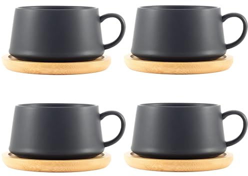 Hanseküche Set de tasses à café 6 x 360ml | Tasses à café en céramique massive de haute qualité | grands anses | Tasses | Café, Thé | Grandes tasses | Passent au lave-vaisselle (Noir avec sous-tasse