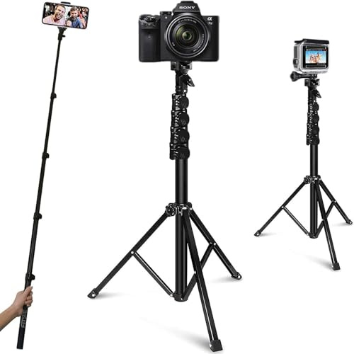 FitStill 64 tums selfie-stick stativ, avtagbart och infällbart 2-i-1-telefonstativ för mobiltelefoner, kompatibelt med Go Pro, DJI, iPhone och Android-telefoner