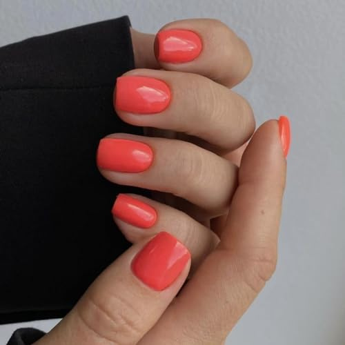KQueenest Koralle Press On Nails Kurz Eckig - Künstliche Nägel zum Aufkleben Kurz, Natürlich Einfarbig Fake Nails Fingernägel zum aufkleben, Glänzende Gel Full Cover Acryl Nägel für Frauen, 24 Stück