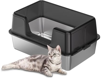 Zstar Katzentoilette Edelstahl, Extra Große Katzentoiletten mit Hohen Seitenwänden, Abnehmbarer Leicht zu Reinigen mit Deckel Katzenklo für Katzen,50x35x23cm,Schwarz