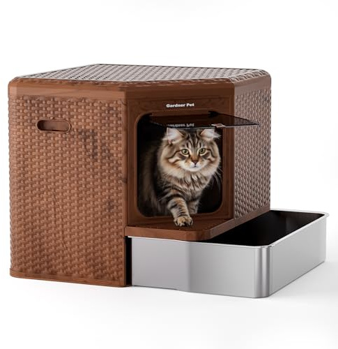 Gardner Pet Arenero Gato Cerrado con Fondo Extraíble (Acero Inoxidable 304) – Diseño Estilizado para Hogar, Material PP Reciclable, Filtración Anti-Olores, Dimensiones 50x50x50 cm, Color Madera Oscura