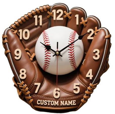 FCLYDER Orologio da Parete personalizzato in Legno Moderno, Nome Personalizzato Orologio a Guanto da Baseball, Rologi da Parete in Legno per Il Baseball per Cucina Decorazione Soggiorno