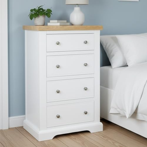GROF GROFurniture Painted Snow White Chest of Drawers, Solid Built for Bedroom 4 Drawer Tallboy Chest Storage - Slim Narrow Storage Drawers W60x D43x H95cm