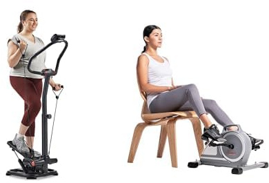 Sunny Health & Fitness Magnetic Under Desk Mini Exercise Cycle Bike, Dual Function Pedal Exerciser + 2-in-1 Power Stepper W/ Resistant Bands & Handlebar, Low-Impact Cardio, Adjustable, 150KG Max