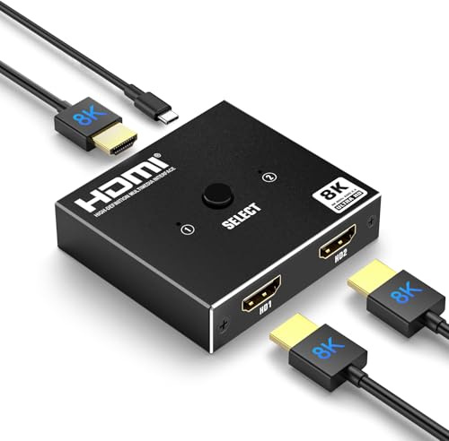 HDMI Switch 2 In 1 Out, HDMI 2.1 Switch 8K@60Hz & 4K@120Hz, 2x1 HD MI Schalter Compatible Supports VRR, Dolby Vision, Compatible für PS5, Xbox, Fire TV, Apple TV, PC, Blu-Ray, DVD Player