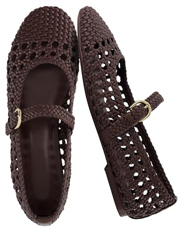 CUSHIONAIRE Windsor Woven Womens Flats with Adjustable Strap – Comfortable Mary Jane Ballet Flats for Women, Brown 7.5
