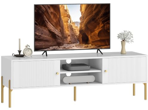 HOMCOM Meuble TV 140 cm pour Téléviseur jusqu'à 65 Pouces Acier Blanc | Meuble Télé, 2 Portes 2 Passe-Câbles Pieds, 2 Compartiments Ouverts, Banc TV Moderne, Salon, Chambre à Coucher