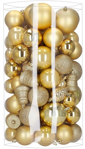 Juego de 100 bolas de Navidad doradas para árbol de Navidad, no frágiles, de plástico, semimate, brillantes, piñas, corazones, estrellas, campanas, 4,5-9 cm, con colgador, para decoración de árbol de