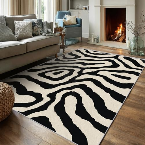 Generisch Waschbarer Teppich Wohnzimmer 160x230 Zebra Schwarz Creme Motiv, Abstrakt Wellen Teppiche Gegend für Schlafzimmer Deko, Großer Rugs for Living Room, Weich rutschfest Kurzflor E115