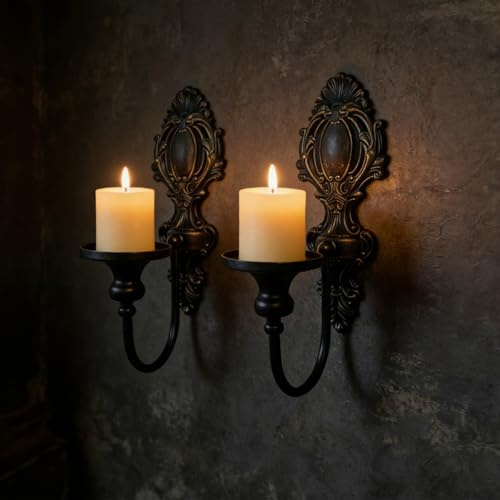 YOLLZEY Candle Holder Wall Sconces Set of 2 - Gothic Vintage Black Wrought Iron, Medieval Victorian Wall Decorations for Candles, Living Room Bathroom Entryway Halloween Rustic Home