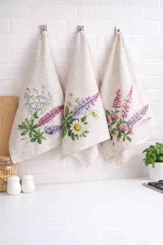 textile idea Geschirrtücher 45x60 cm, Geschenkset aus 3, 60% Leinen, 40% Baumwolle Handtücher, Sommerblumen-Design Küchentücher mit aufwendiger Stickerei, weich, schnelltrocknend und saugfähig