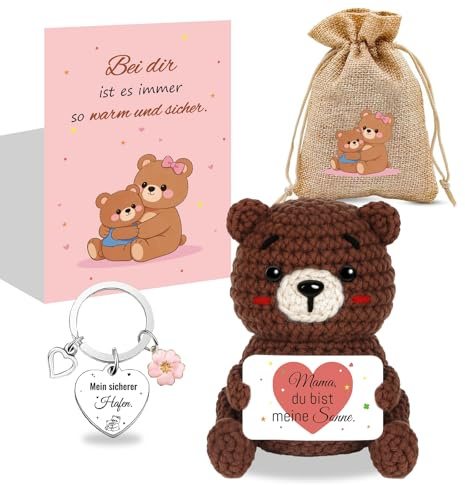 Muttertagsgeschenk, Geschenk für Mama - Positive Bär, Pocket Hug Gestrickte Glücksbär Puppe mit Grußkarte & Glücksbringer, Beste Mama Geschenk, Geschenk für Mutter zum Geburtstag Muttertag Weihnachten
