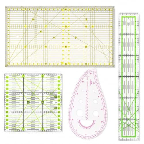4 Stück Patchwork Lineal Set, Schneiderlineal Nählineal aus Acryl, Quilt Lineal 15x15/15x30/5x30 cm mit Kurvenlineal, Nähzubehör zum Quilten, Stoffschneiden, Nähen & Basteln