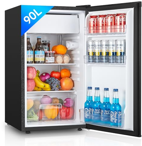 FOHERE Under Counter Fridge 90L, Freestanding Refrigerator with Chiller Box, Adjustable Thermostats & Legs, Removable Shelf, Reversible Door, Energy Efficient, Black