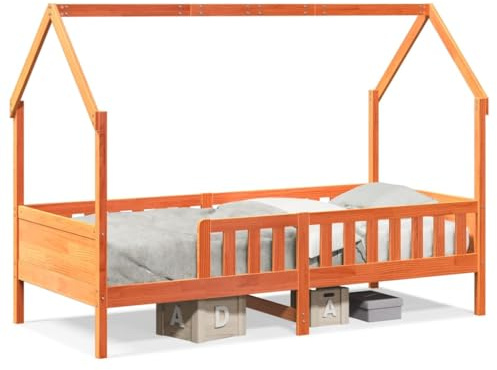 mtlskopl Hausbett 90x200 cm aus Kiefernholz Massiv, Juniorbett mit Rausfallschutz und Lattenrost, Spielbett im Haus-Design für das Kinderzimmer, Stellmaß 209x95,5 cm, Wachsbraun