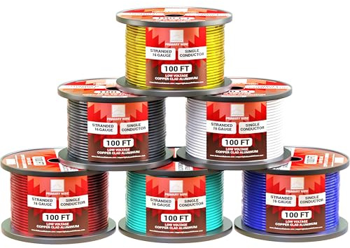 16 Gauge Wire Combo 6 Pack (600ft Total) 100ft Per Roll, 12V Low Voltage Automotive and Electrical Cable, Copper Clad Aluminum (CCA)
