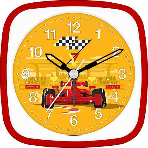 Eurotime Despertador infantil de coche de carreras, color rojo, carcasa de plástico y cristal de plástico, silencioso, sin tic-tac, con luz y repetición de alarma, 27100-01