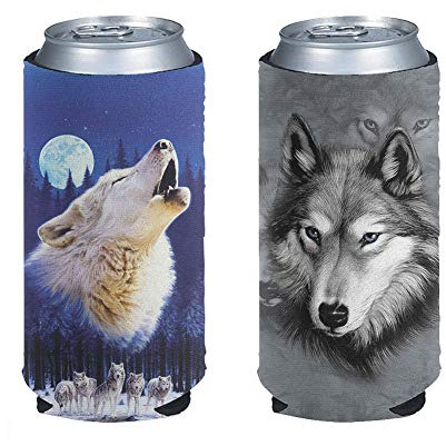 Pizding 2pcs Wolf Design Slim Can Cooler Sleeves - Beer/Energy Drink Blank Skinny Beer Holders to Keep Cold Can Cooler Sleeves Blank Cover Compatible with Graduation Party Picnic Wedding - Great Gift