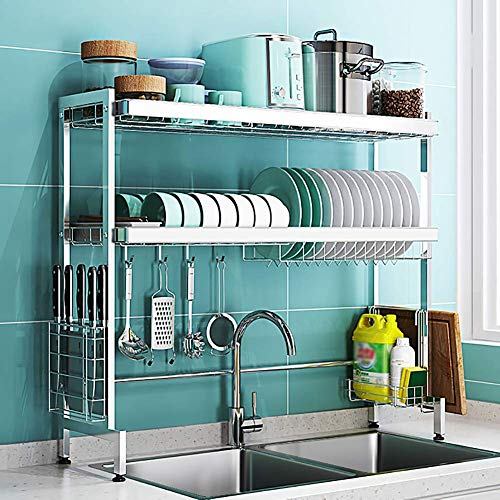 FHKBB Scaffale per scolapiatti sopra Il lavandino, scolapiatti a 2 Livelli in Acciaio Inossidabile con Porta Utensili, scaffale per stoviglie da banco, Argento 86 cm (34 Pollici)