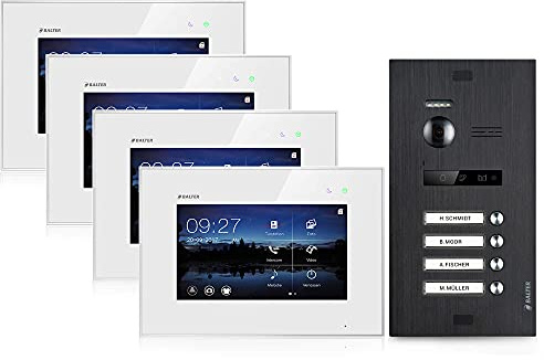 Balter EVO Video Türsprechanlage, Touchscreen, 4X 7 Zoll Monitor, Türstation für Zweifamilienhaus Türklingel mit Kamera 150° Weitwinkel 2-Draht Bus, Weiß/Schwarz