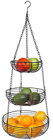 Miokycl Fruktkorg, hängande fruktkorg, hängande korg – 3 våningar, metall, fruktkorgar, grönsakskorg, köksampel, hängande metall, dekoration, korg, förvaring med takkrok för kök (svart)