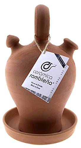 CERÁMICA RAMBLEÑA | Botijo de Barro Rojo Tradicional asa Redonda Base Vuelta de La Rambla (Córdoba) | 100% Hecho a Mano | 2.75 litros | Eco | Plato Incluido