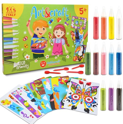 Sabbiarelli – Maxi Kit Art&Craft 5+ | Sand-Art-Set: Verschiedene Motive | Enthält Klebemotive, Karton-Klebebögen, Farbsand und 4 Abziehwerkzeuge | 100% Made in Italy | 5-12 Jahre