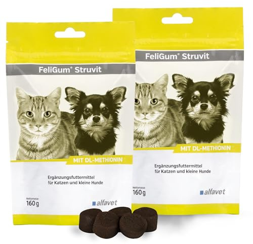 Alfavet Feligum Struvit - 2 x 160g Kaudrops für Katzen & Kleine Hunde | Ergänzungsfuttermittel mit DL-Methionin zur Harnansäuerung, hilft Struvitsteine aufzulösen & die Blasenwand zu schützen