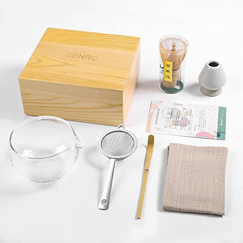 Kit de fouet à matcha en bambou, ensemble à thé matcha, fouet à matcha en bambou et bol (Chawan), cuillère (Chashaku), support Chasen, passoire à thé (tamis, torchon dans un étui en bois, kit de