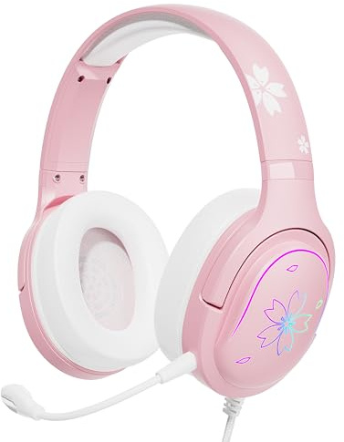 Mytrix Sakura Pink Cherry Blossoms Gaming Headset, 360° Rotation Mic, Soft Earmuff Headphone for PS4, PS5, Xbox, PC & MAC, Switch, RGB Gradient Light Effect