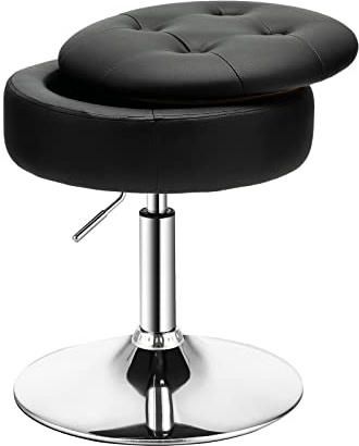 GIANTEX Schminkhocker 360° drehbar & 51-66 cm höhenverstellbar, Drehhocker Ottomane mit abnehmbarem Tablett & Stauraum, PU Sitzhocker für Schlafzimmer, Wohnzimmer, Bar (Schwarz)